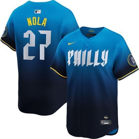 Men's Philadelphia Phillies #27 Aaron Nola Nike Blue 2024 City Connect Limited Player Jersey